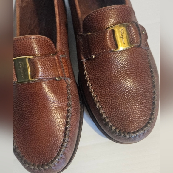 Salvatore Ferragamo Embossed Brown Leather Gancini Loafer Slip-On Buckle Men 6,5 - Picture 3 of 11